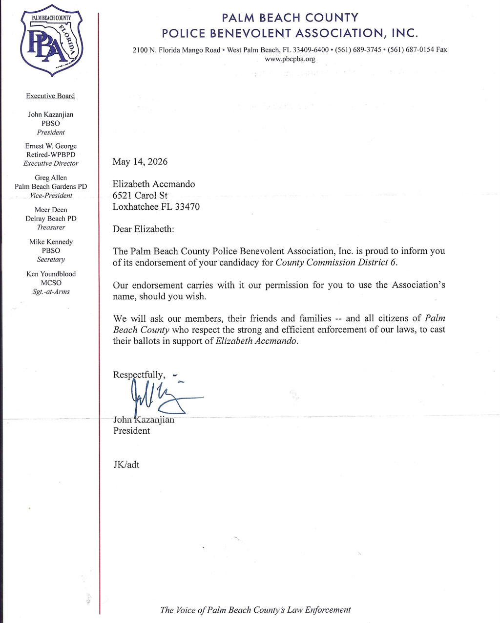 Endorsement letter from John Kazanjian, President of the Palm Beach County Police Benevolent Association, supporting Elizabeth Accomando.