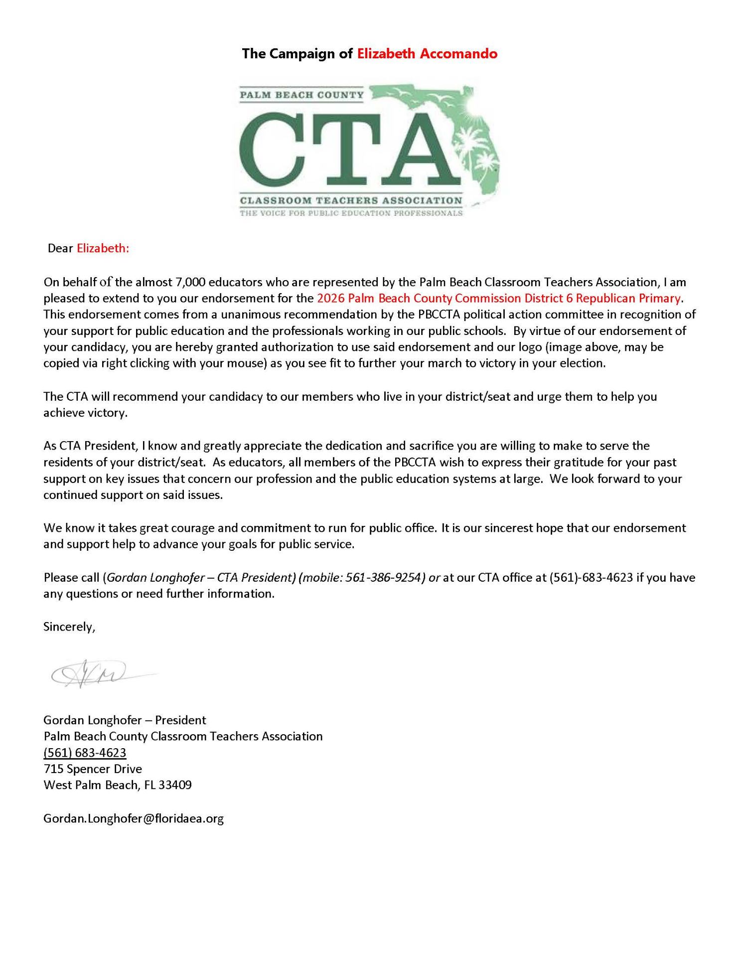 Endorsement letter from Gordan Longhofer, President of the Palm Beach County Classroom Teachers Association, supporting Elizabeth Accomando.