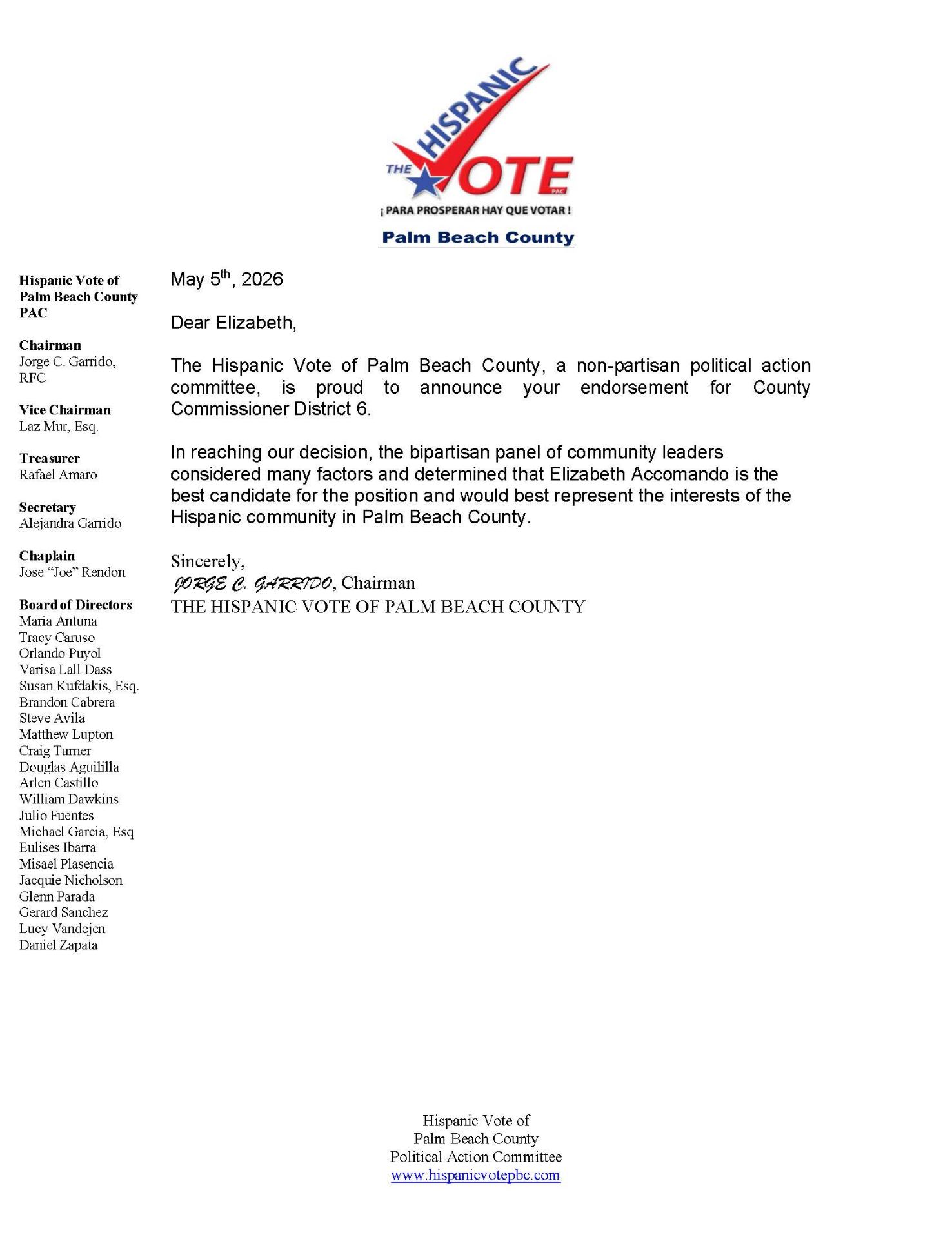 Endorsement letter from Jorge C. Garrido, Chairman of The Hispanic Vote of Palm Beach County, supporting Elizabeth Accomando.