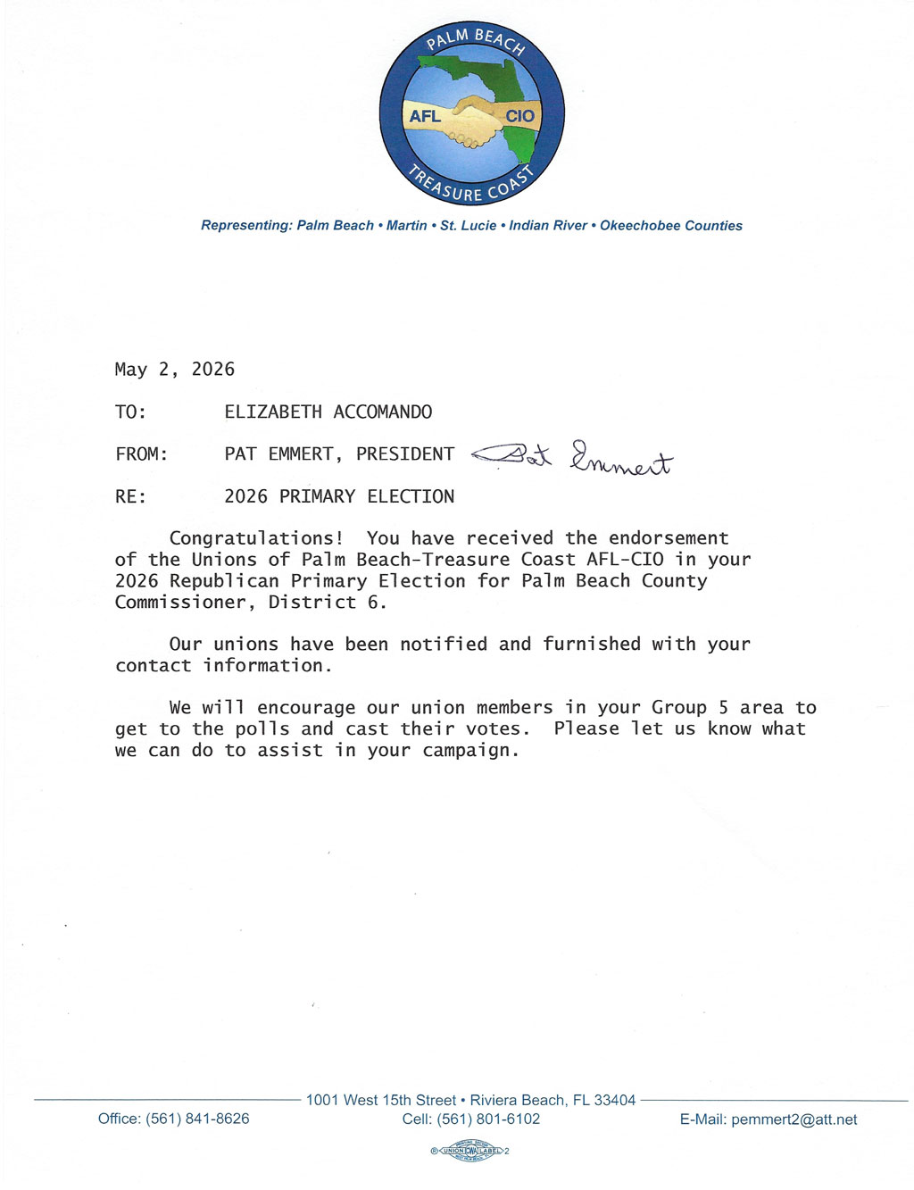 Endorsement letter from Pat Emmert, President of the Palm Beach–Treasure Coast AFL-CIO, supporting Elizabeth Accomando.